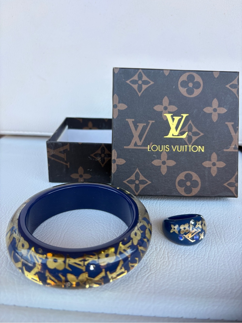 Navy Blue Resin Bangle and Ring with Gold LV Monogram
